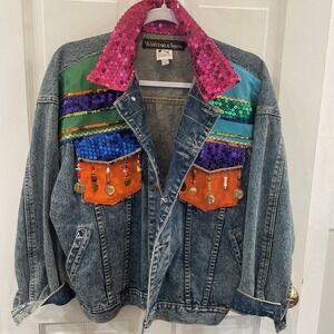 Whittall & Shon VTG 90's cool RAVE glitch glam trucker Jean jacket Sz M Y2K
